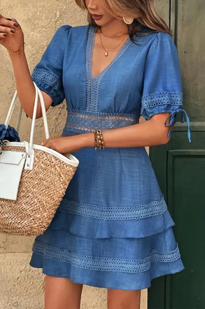 Blue V-Neck Lace Mini Dress - Image 1