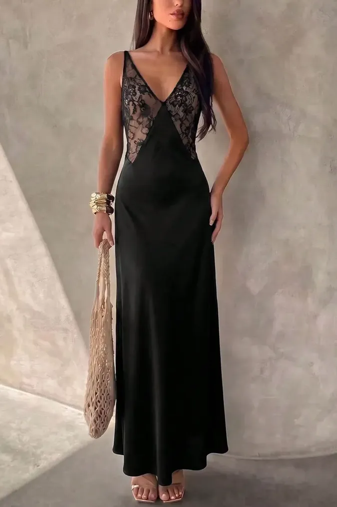Black Solid Lace Maxi Dress - Image 1