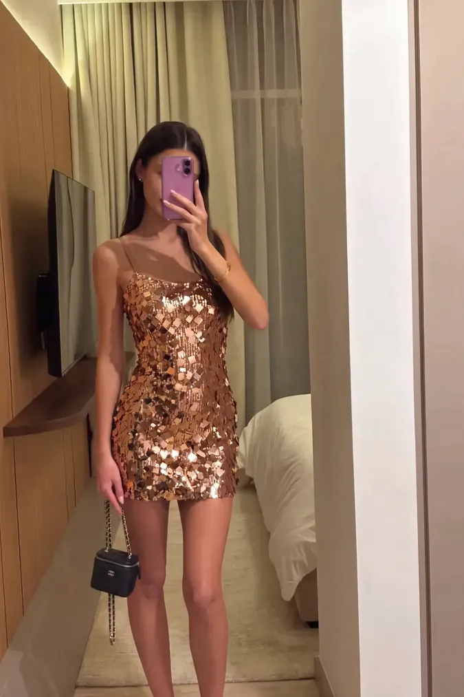 Golden Sequined Mini Bodycon Dress - Image 1