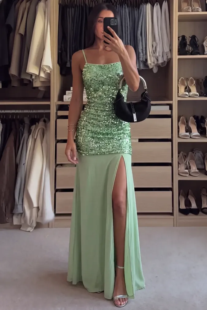 Light Green Sequined Slit Maxi Dress - Image 1