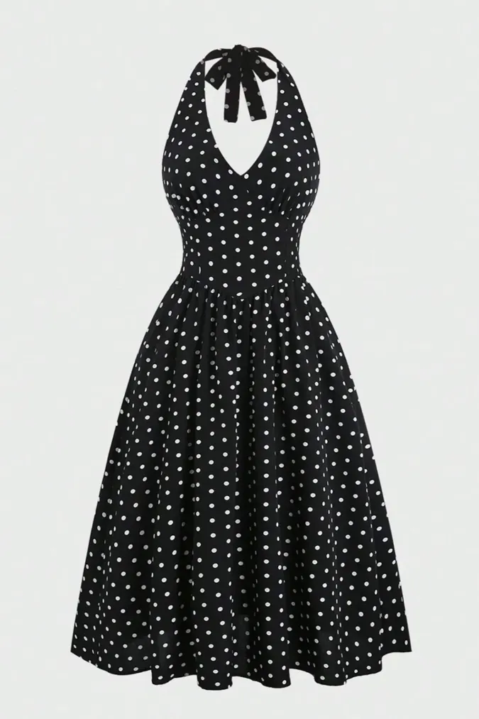 Black Polka Dot Halter Maxi Dress - Image 1