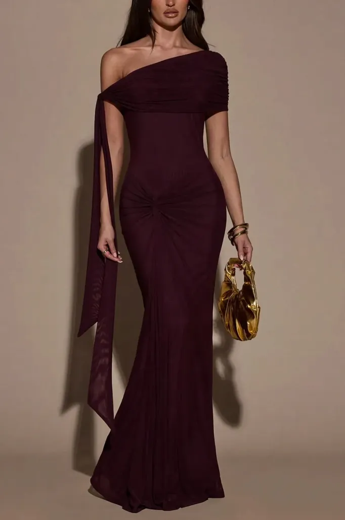 Wine Draped One Shoulder Maxi Dress - Image 1
