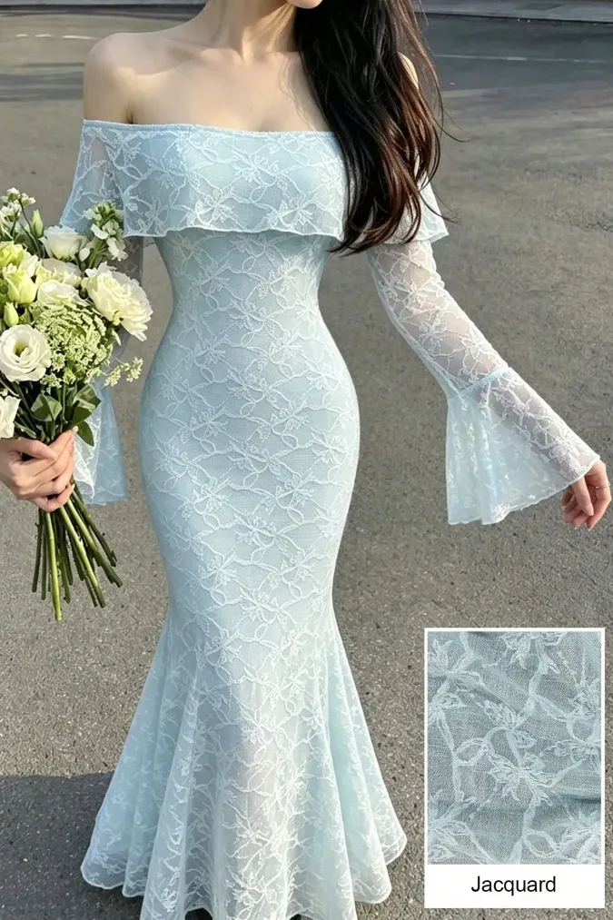 Light Blue Off Shoulder Maxi Dress - Image 1