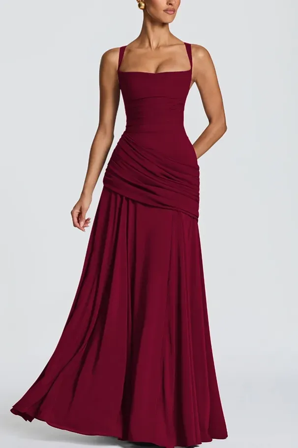 Wine Draped Square Neck Maxi Dress - Image 1