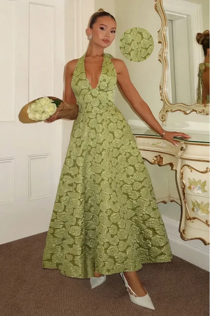 Light Green Floral Halter Maxi Dress - Image 1