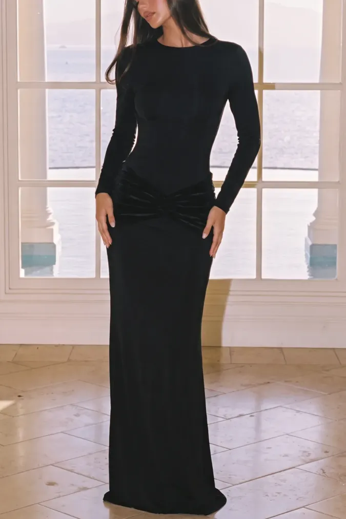 Black Draped Bodycon Maxi Dress - Image 1