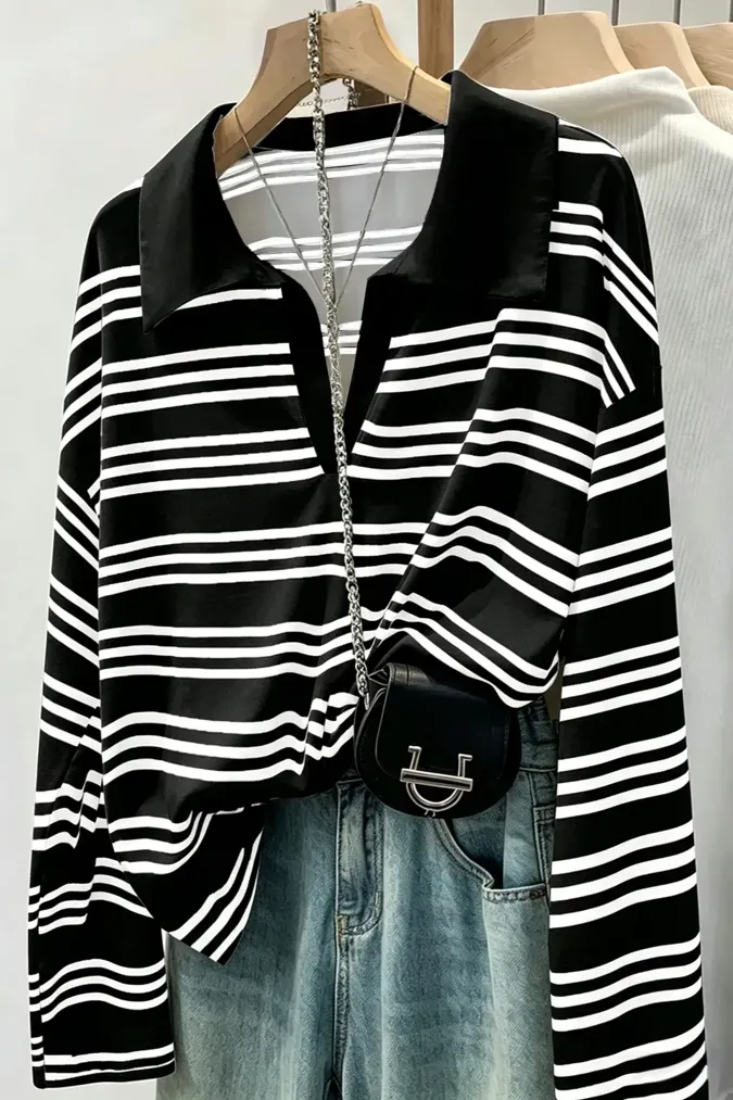 Black Striped V-Neck T-Shirt - Image 1