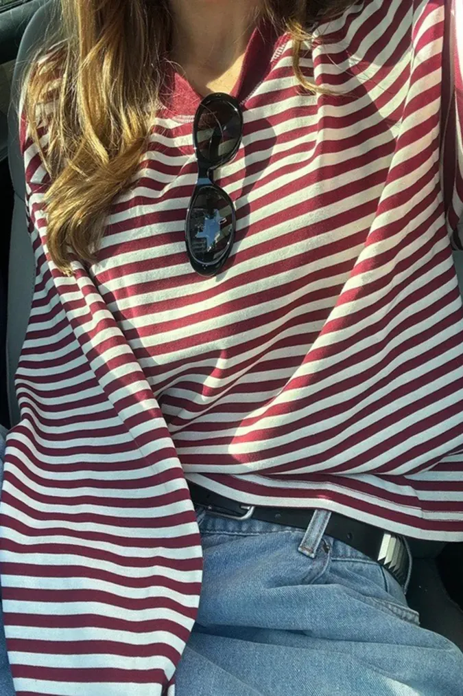 Maroon Striped Crew Neck T-Shirt - Image 1