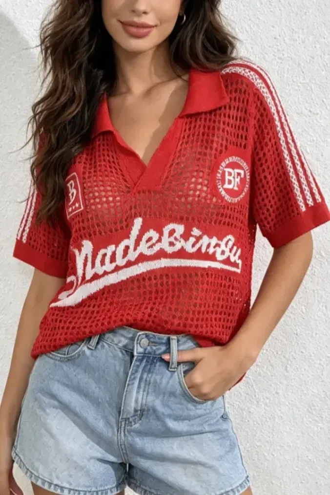 Red Crochet Polo T-Shirt - Image 1