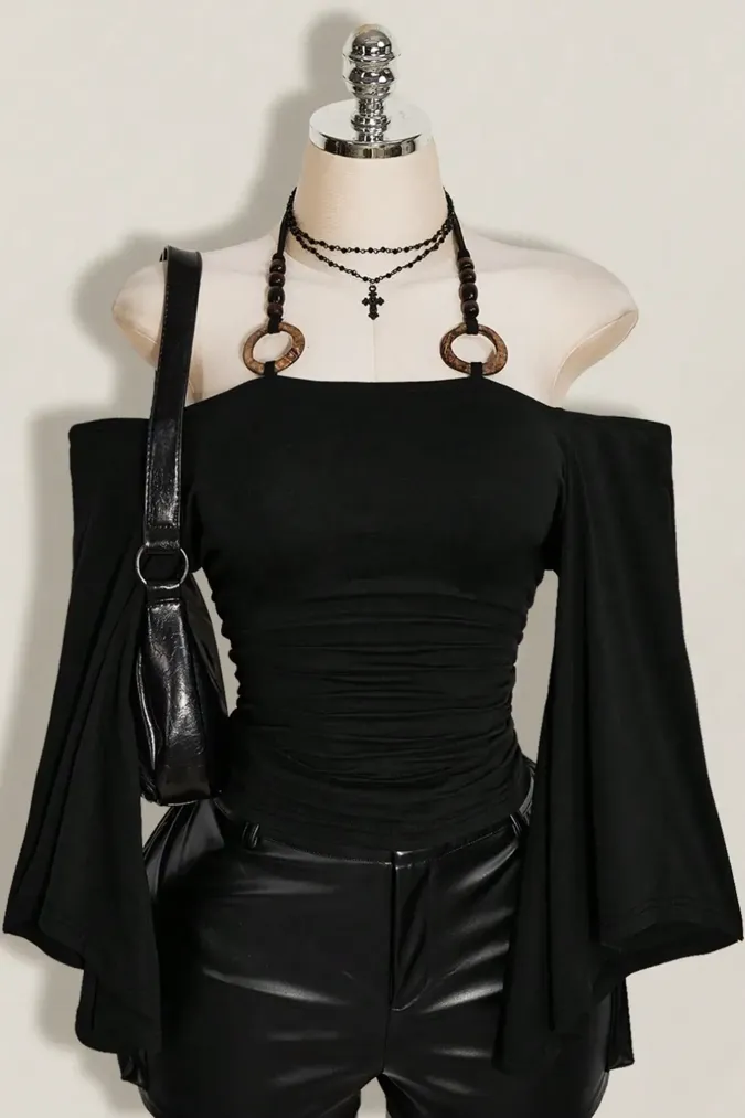 Black Off Shoulder T-Shirt - Image 1