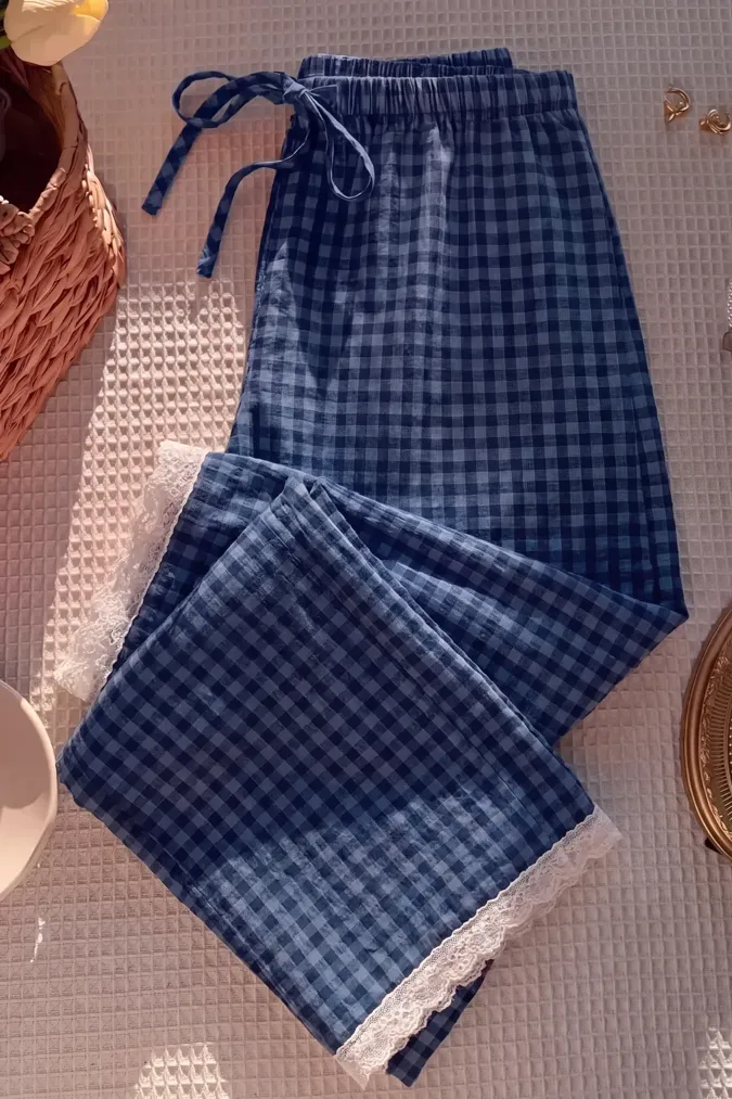 Navy Gingham Wide-Leg Pants - Image 1