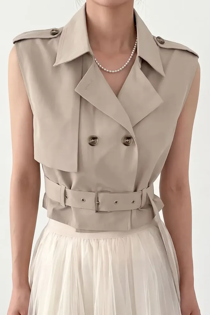 Beige Belted Lapel Crop Jacket - Image 1