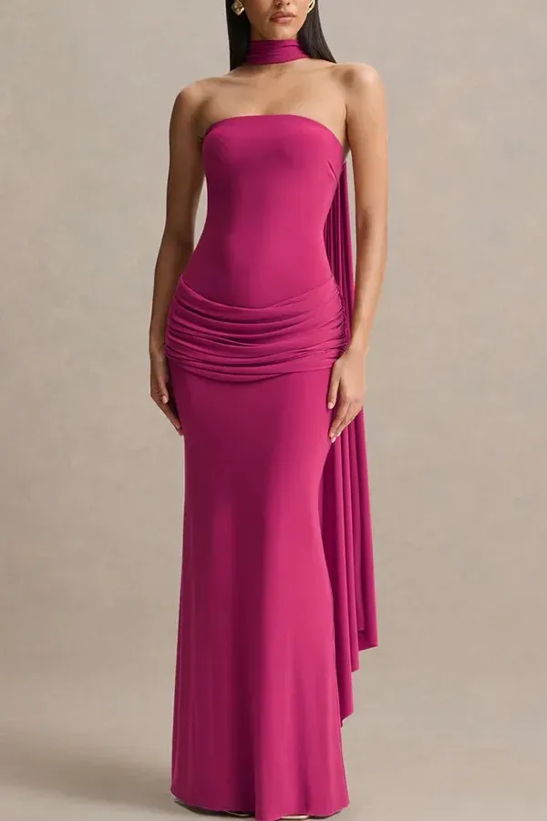 Pink Solid Tube Neck Maxi Dress - Image 1