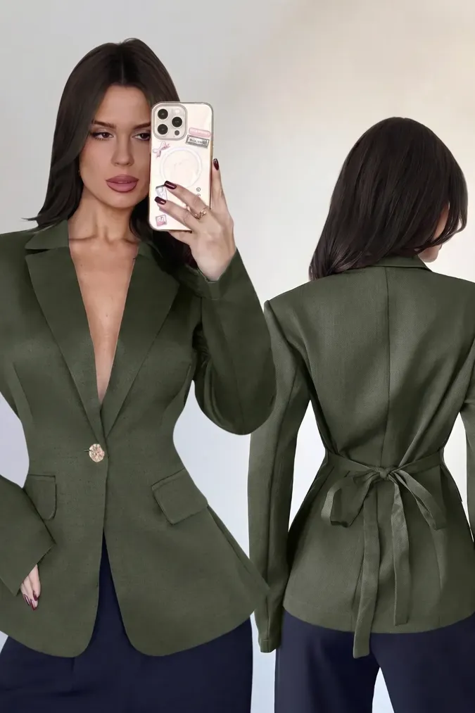 Olive Solid Lapel Collar Blazer - Image 1