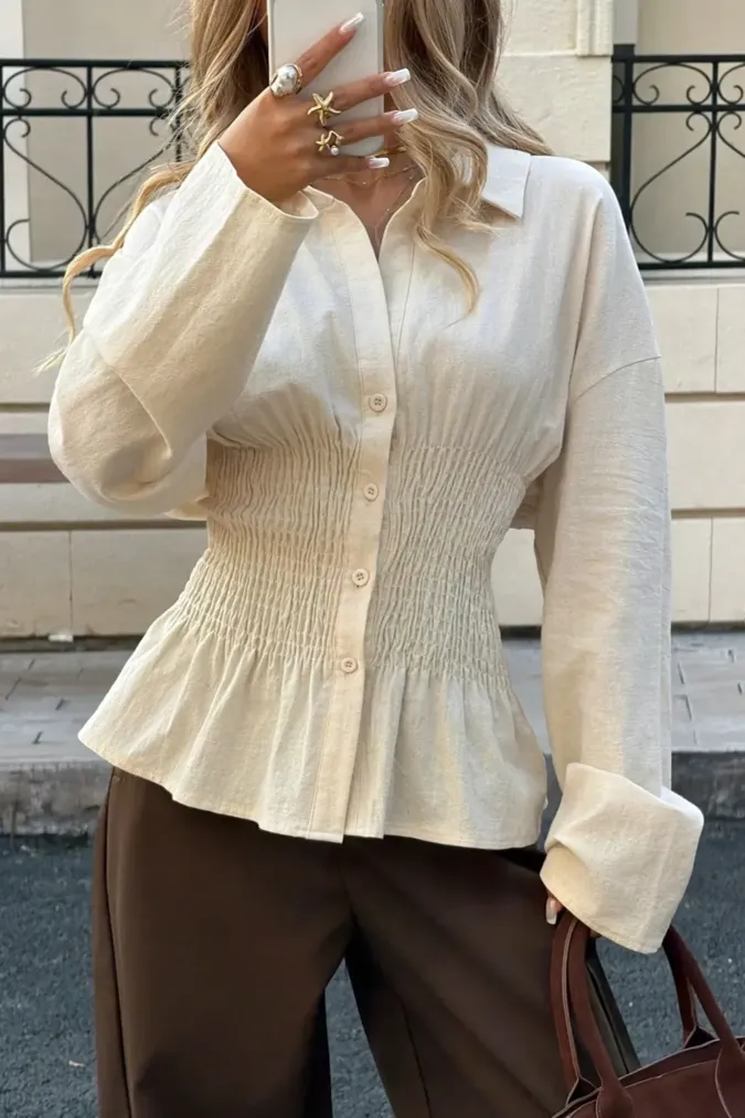 Cream Smocked Buttoned Shirt - Image 1