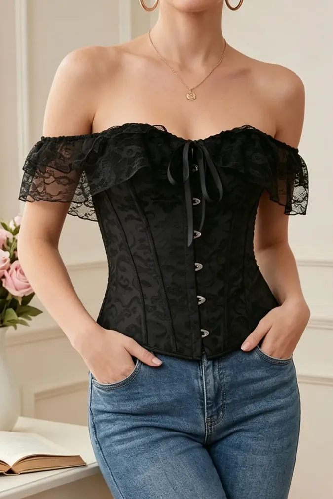 Black Lace Brocade Corset Top - Image 1