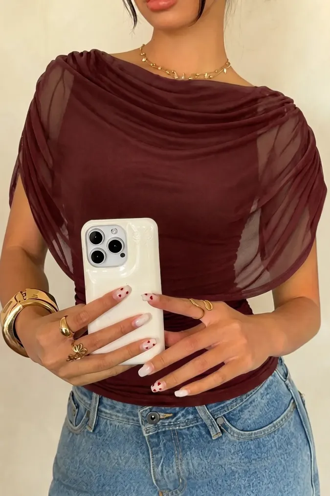 Maroon Solid Ruched Top - Image 1