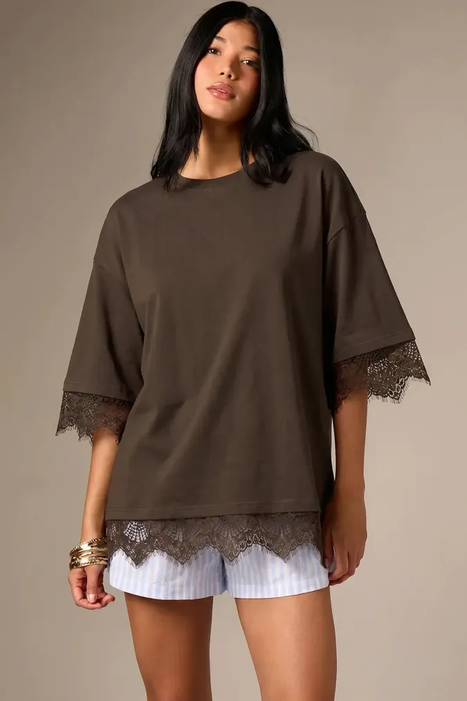 Dark Brown Solid Oversized Lace T-Shirt - Image 1