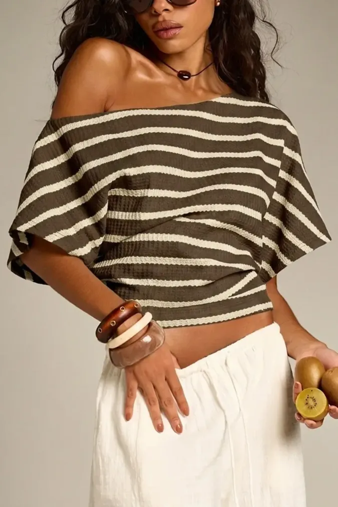 Brown Striped One-Shoulder Crop T-Shirt - Image 1
