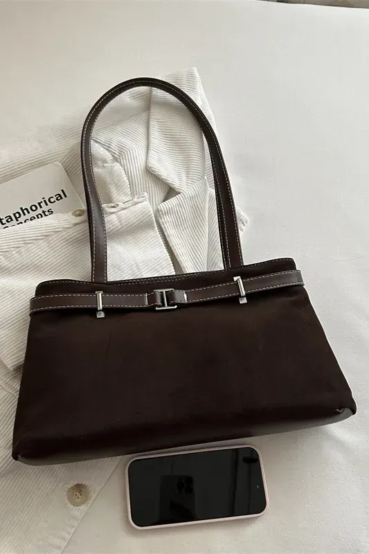 Dark Brown Suede Belted Shoulder Bag - Image 1