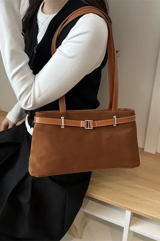 Brown Suede Belted Shoulder Bag - Image 1