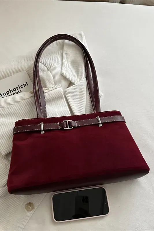 Wine Suede Belted Shoulder Bag - Image 1