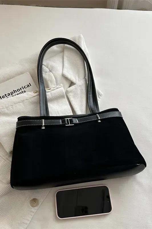 Black Suede Belted Shoulder Bag - Image 1