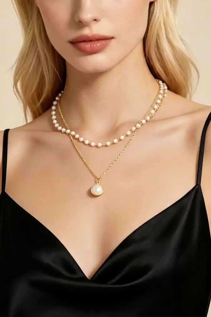 Golden Pearl Layered Necklace - Image 1