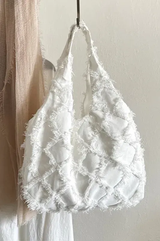 White Fringed Tote Bag - Image 1