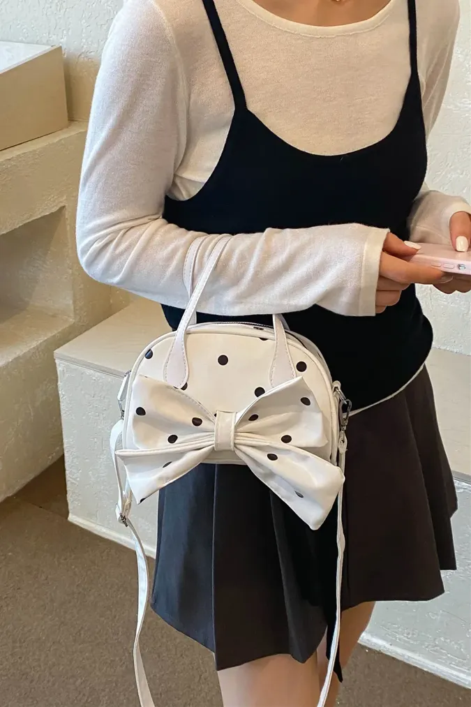 White Polka Dot Pu Hand Bag - Image 1