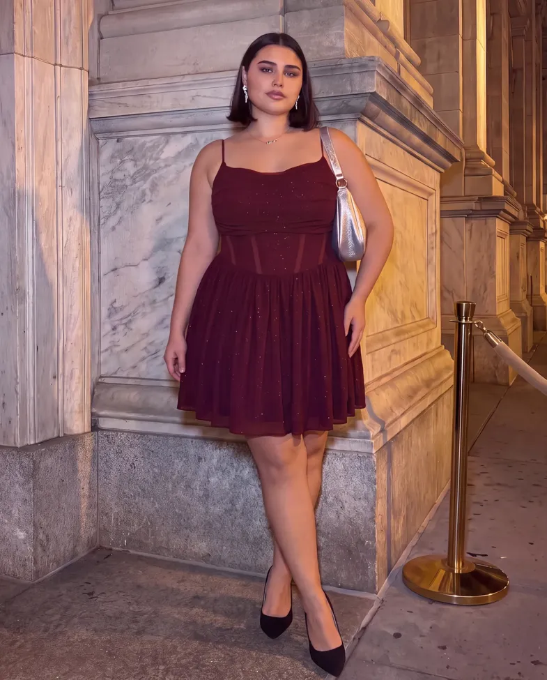 Maroon Tiered Mini Plus Size Dress - Image 1