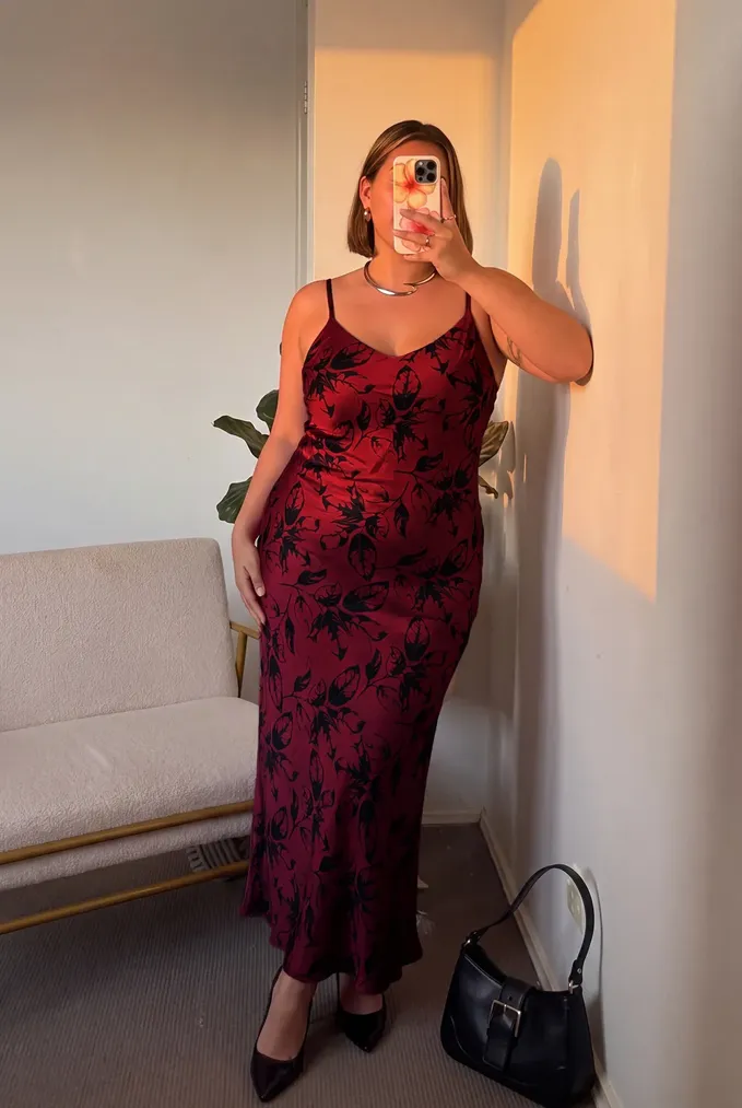 Maroon Floral Slit Plus Size Dress - Image 1