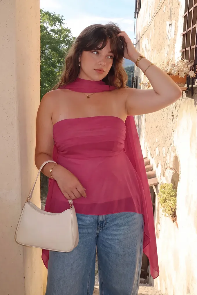 Dark Pink Plus Size Tube Top With Scarf - Image 1