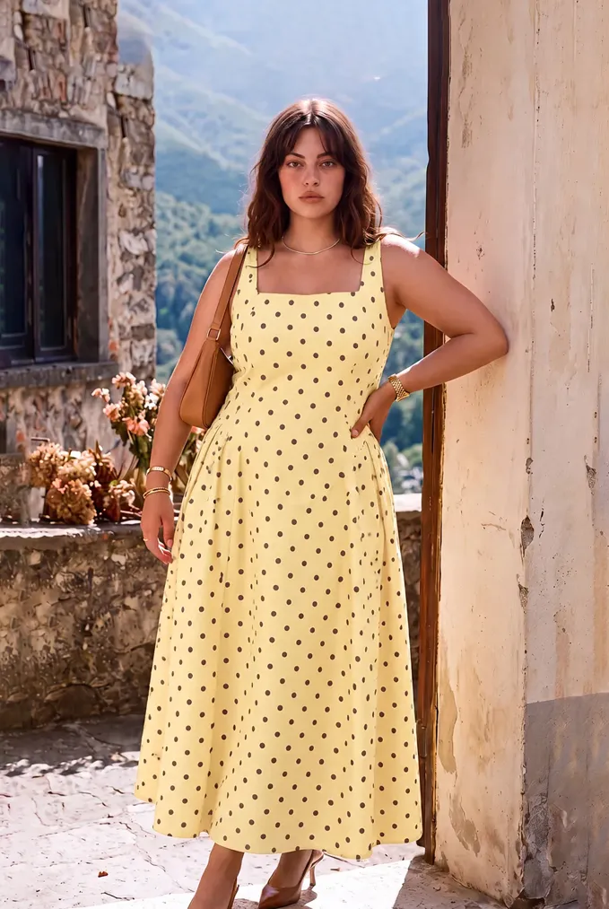 Yellow Polka Dot Plus Size Midi Dress - Image 1