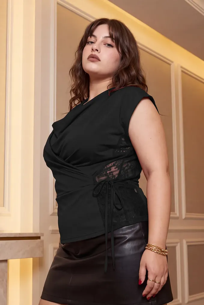 Black Lace Draped Plus Size Top - Image 1