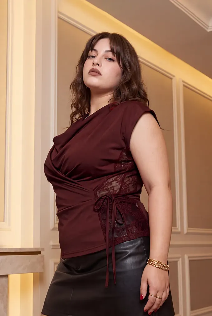 Maroon Lace Draped Plus Size Top - Image 1