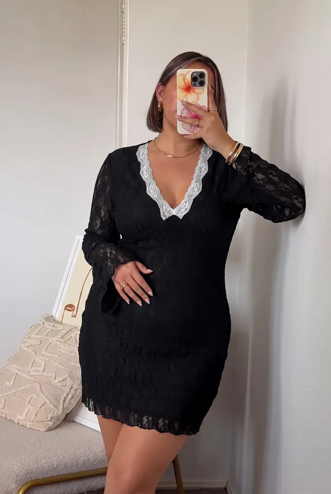 Black V-Neck Plus Size Mini Dress - Image 1