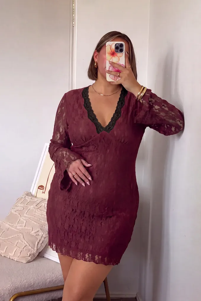 Maroon V-Neck Plus Size Mini Dress - Image 1