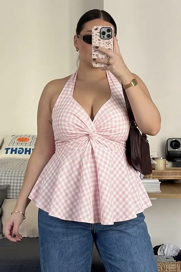 Pink Halter Gingham Peplum Top - Image 1