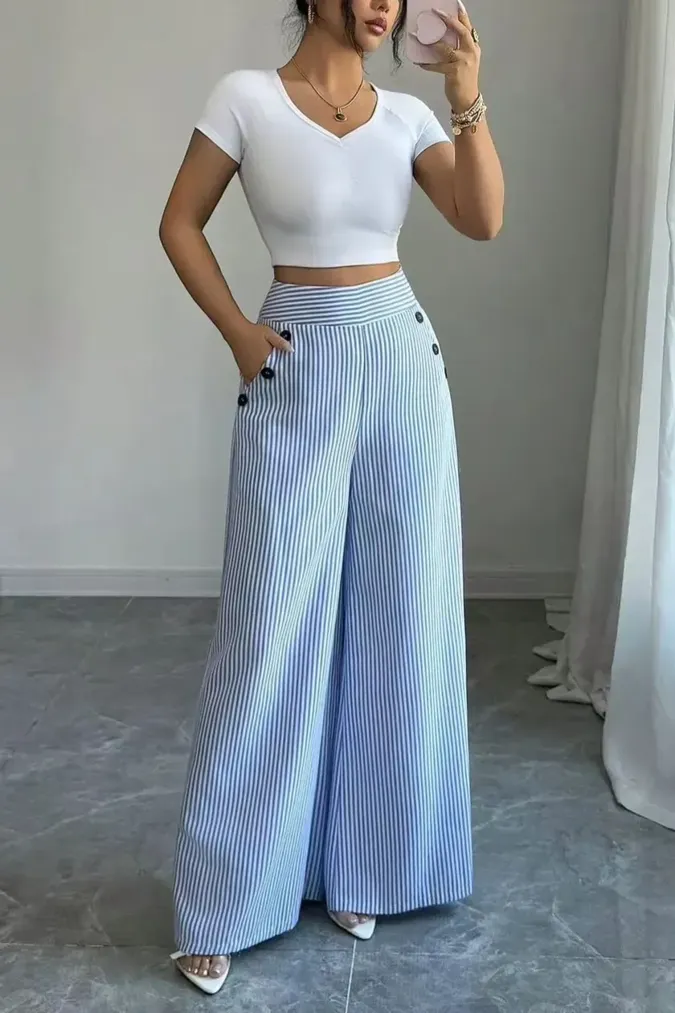 Light Blue High-Rise Striped Pants - Image 1