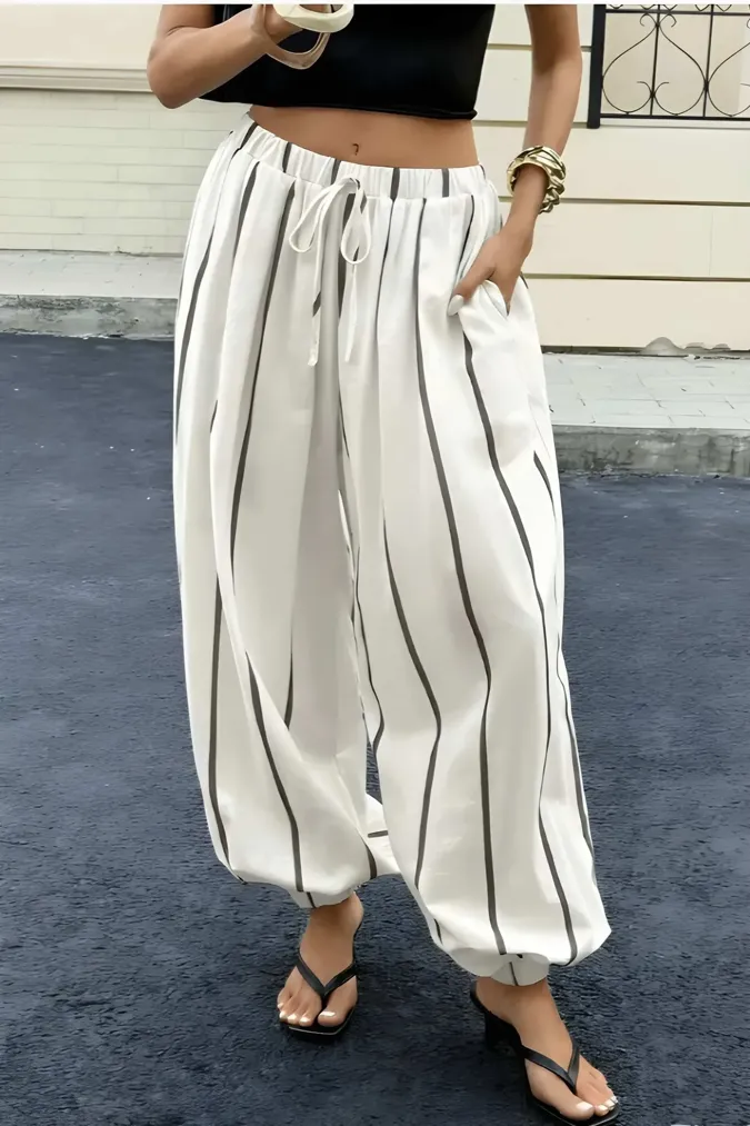 White Striped Mid-Rise Pants - Image 1