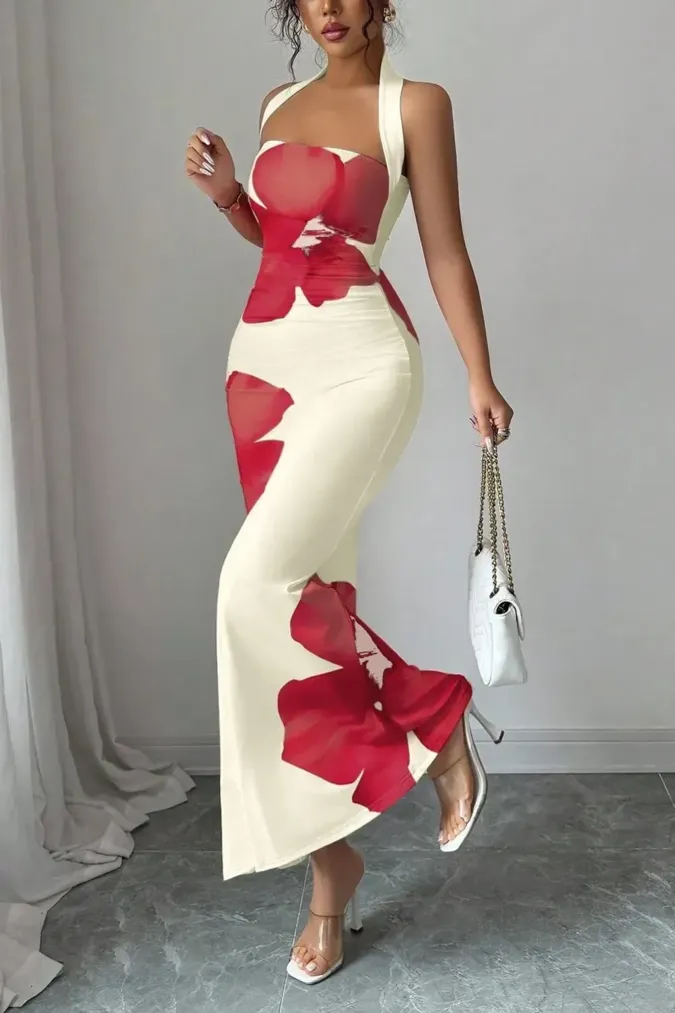 Cream Floral Halter Bodycon Dress - Image 1