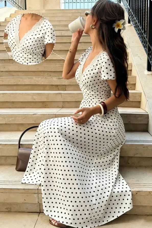 White Lace Polka Dot Maxi Dress - Image 1