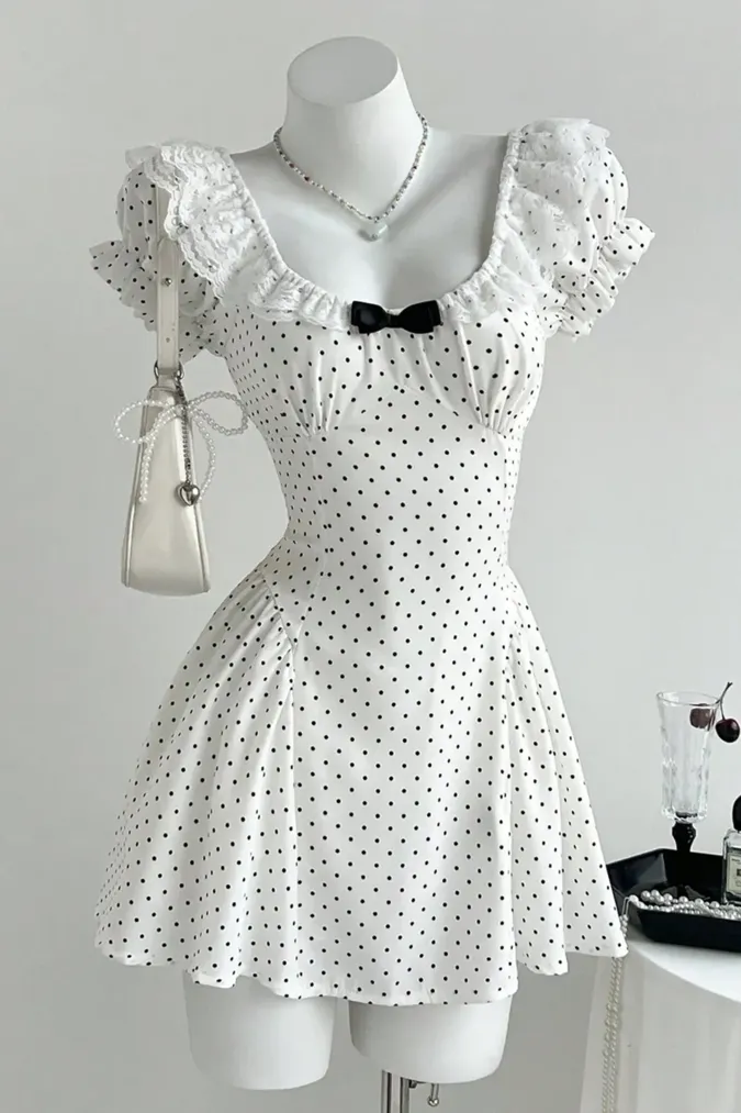 White Polka Dot Puff Sleeve Mini Dress - Image 1
