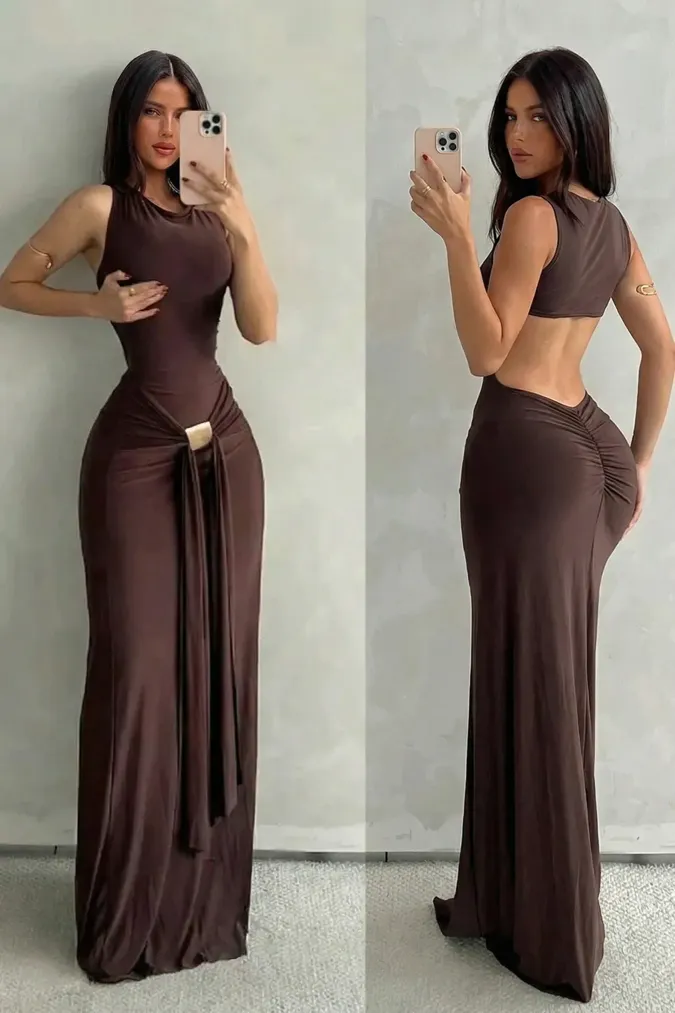 Dark Brown Cut-Out Maxi Dress - Image 1