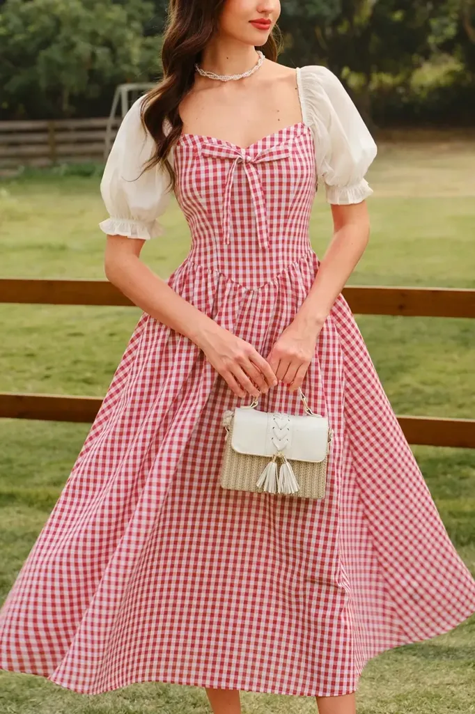 Red Gingham Sweetheart Midi Dress - Image 1