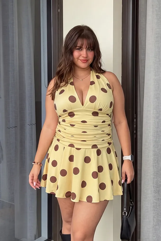 Yellow Polka Dot Halter Mini Dress - Image 1
