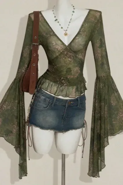 Green Floral V-Neck Ruffled Top - Image 1
