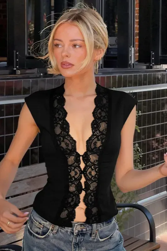 Black Plunge-Neck Lace Top - Image 1