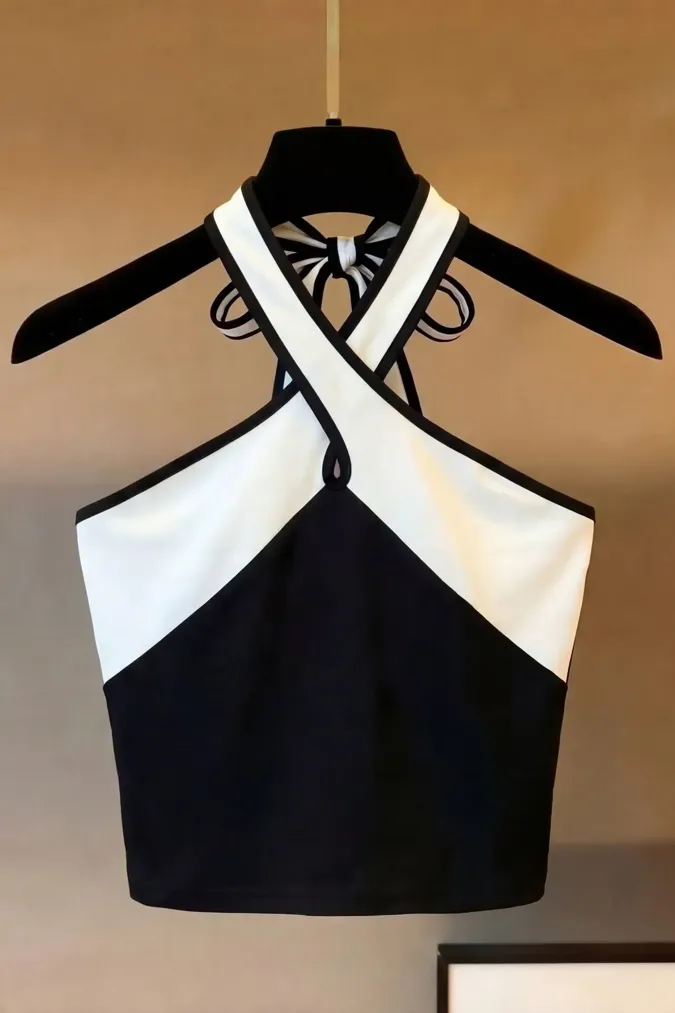 Black Colour Blocked Halter Top - Image 1